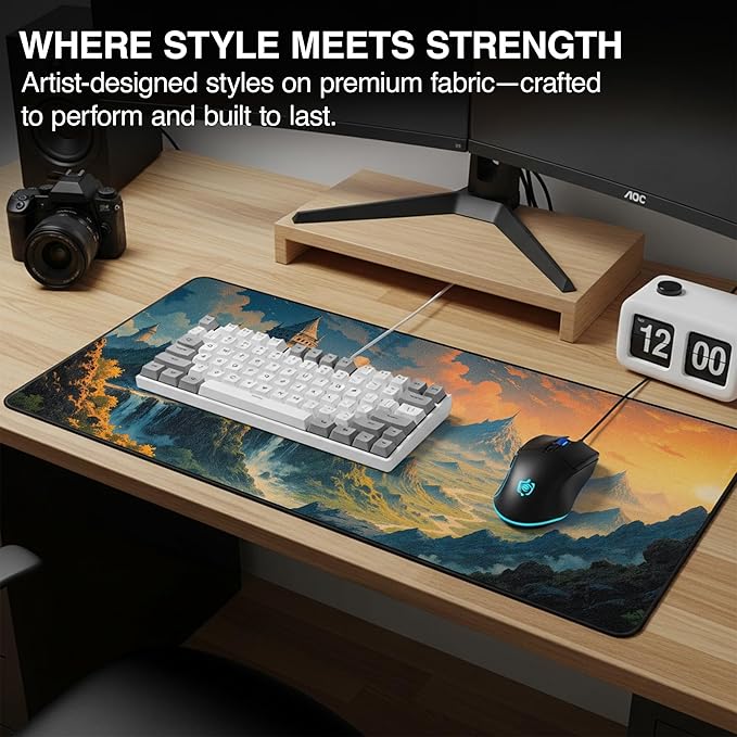 MPCO. Dark Fantasy Large Gaming Desk Pad - 36" x 17" Aeroglyde Fabric Spring Castle Desk Mats - Non-slip, Washable, Smooth Glide for Precision Gaming & Work