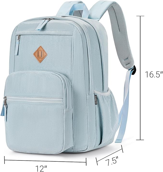 ZORFIN 26L Backpack for School, College, and Travel: Corduroy Bookbag with 8 Compartments - Sky Blue