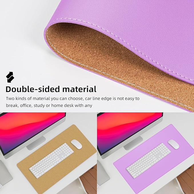 Leather Desk pad Protector, Large Desk mat with Natural Cork & PU Leather,Mouse pad,Non-Slip Office Desk Mat,Waterproof Desk Writing Pad for Office and Home (31.5in*17in,Purple)
