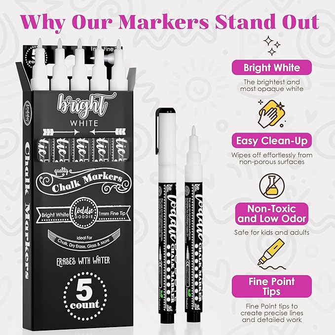Loddie Doddie Liquid Chalk Markers for Chalkboard - 5 Pack, 1 mm Point, White - Erasable & Low-Odor Non-Toxic Ink - Chalk Pen & Window Markers for Glass