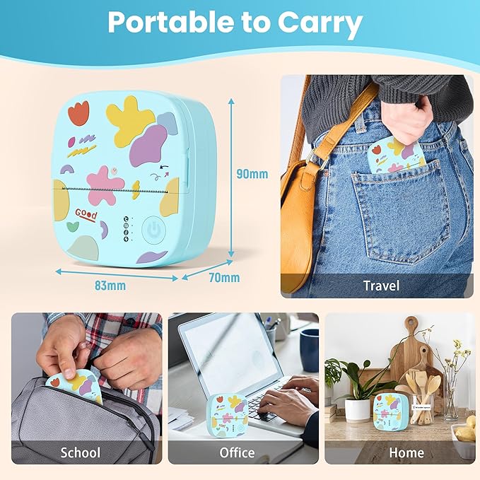 Mini Portable Sticker Printer, Mini Thermal Printer with 3 Rolls Paper, Bluetooth Inkless Printpods, Pocket Label Maker Suitable for Creative DIY, Diaries, Photos, Study Notes - Blue