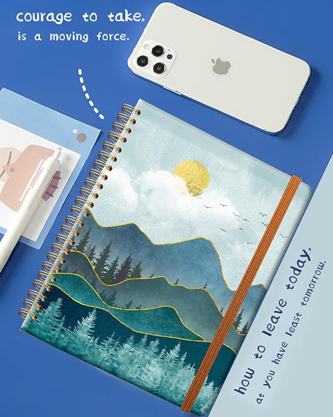 Ruled Spiral Writing Notebook,A5 Hardcover Lined College Journal for Women Lady Girl,Strong Twin-Wire Binding with Premium Paper,8.4" X 6",Perfect for School,Office,Home Gifts(teal mountain tree