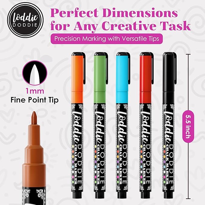 Loddie Doddie Fine Liquid Chalk Markers for Chalkboard & Blackboard - 10-Count Earth Tone Set - 1 mm Fine Tip - Erasable & Low-Odor Non-Toxic Chalkboard Markers & Glass Window Pens