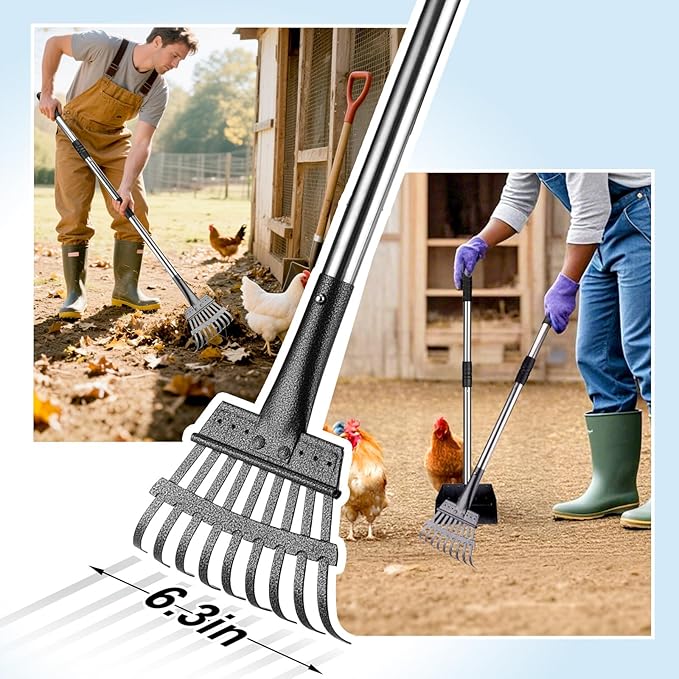 BABORUI Metal Chicken Poop Scooper Kit – Adjustable Height 15"-38", Heavy-Duty Rake & Shovel Set for Chicken Coop Cleaning, Detachable Stainless Steel Poop Shovel for Chicken Coop Accessories