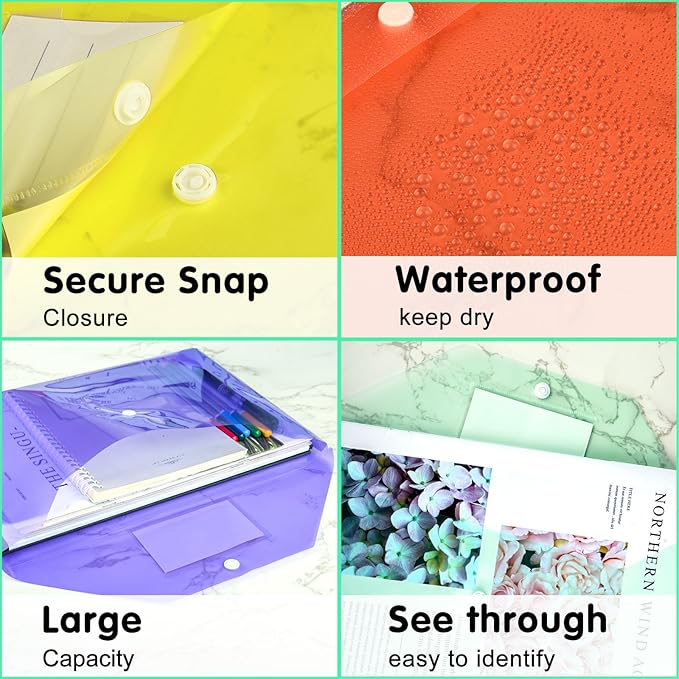 NACHLYNN 48pcs Plastic Envelopes Plastic Folders with Snap Closure, 6 Colors A4 Size Clear File Envelopes with Label Documents Folders Organizers for Home Work Office Organization