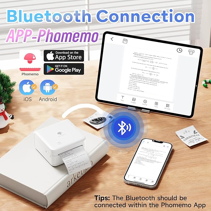 Phomemo Print Pods- Sticker Printer Mini Printer Thermal Sticker Maker Bluetooth Printer for Study Notes, Photos, List, Stickers, Gift, 3 Rolls Paper, White
