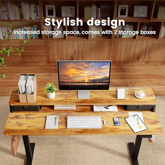 Standing Desk With Drawers and Brushless Motor,Electric Height Adjustable desk for Walking Pad,Ergonomic Stand Up Desk for Home Office & Gaming,3 Memory Height Preset & Hooks(48" x 24",Rustic Brown)