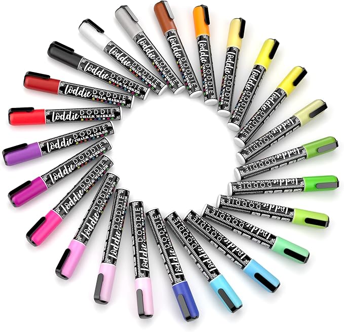 Loddie Doddie Chalk Markers - 24-Pack, 6mm Reversible Bullet & Chisel Tip - Dust-Free, Erasable Liquid Chalk Markers - Versatile for Windows, Glass & Chalkboard Surfaces