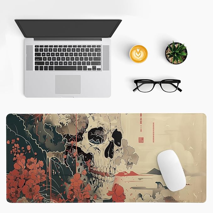 Japanese Ukiyo-e XL Anime Big Mouse Pads Large Skull Gaming Mouse Pad for Men Desk Pad with Stitched Edges Non-Slip Large Computer Mat, 31.5x11.8 in