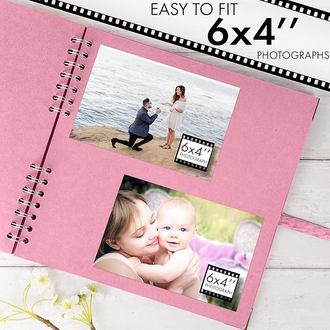 Bstorify 10 x 10 Inches Scrapbook Album 70 Pages Pink Thick Kraft Paper Corner Protectors, Ribbon Closure - Ideal for Your Scrapbooking, Art & Craft Projects (Pink, 10 x 10 Inch)