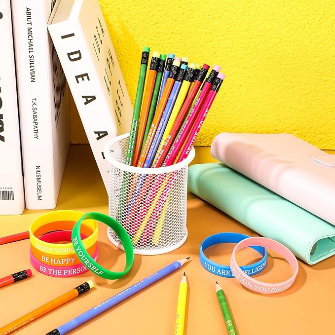 Sabary 48 Pcs Motivational Pencils Inspirational Silicone Bracelets Set Mood Pencil Motivational Quote Rubber Wristbands for Kids Teens Christmas Classroom Gifts for Students (Colorful Background)