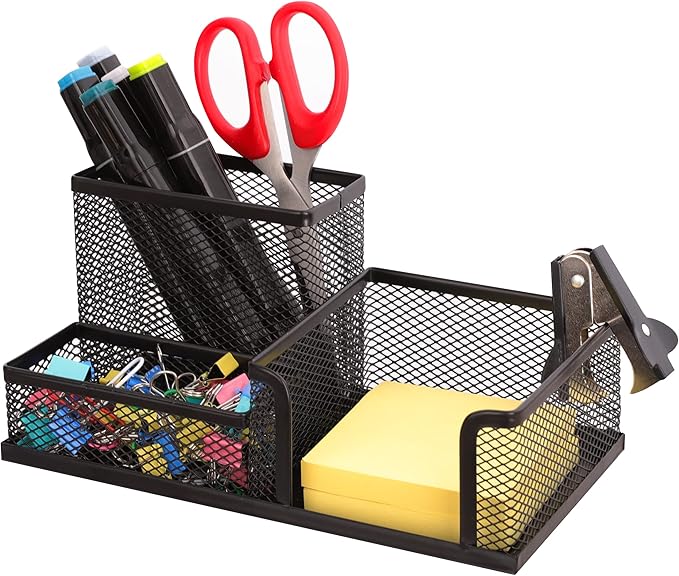 Ludato Desk Organizers Mesh Pencil Holder,3 Compartments Black Mesh Pen Holder Storage for Office Desk Accessories