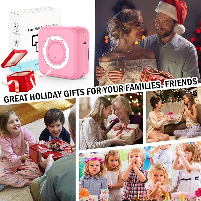 Inkless Mini Thermal Pocket Printer, Wireless Mini Sticker Printer with 10 Rolls Thermal Paper for iOS&Android, Portable Mini Photo Printer for Notes Journal Memo Photo Study, Pink
