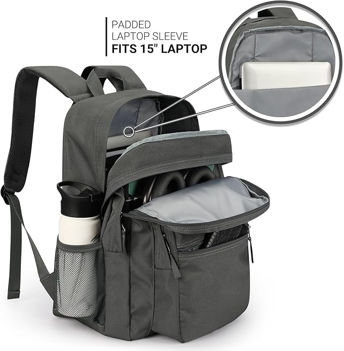 ZORFIN 26L Backpack for School, College, and Travel: Water Resistant Bookbag with 8 Compartments - Forge Grey