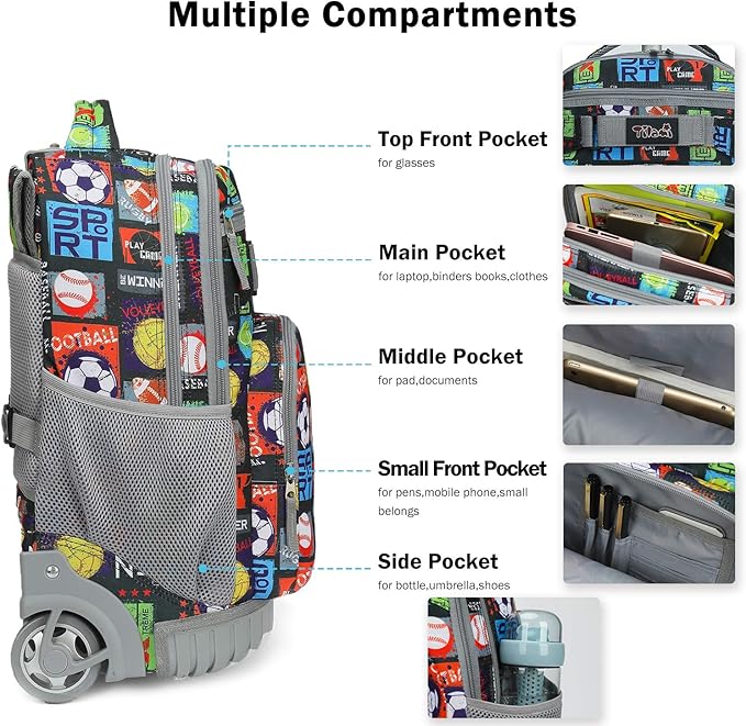 Tilami Rolling Backpack 19 inch with Lunch Bag Wheeled Laptop Backpack, Sport Balls