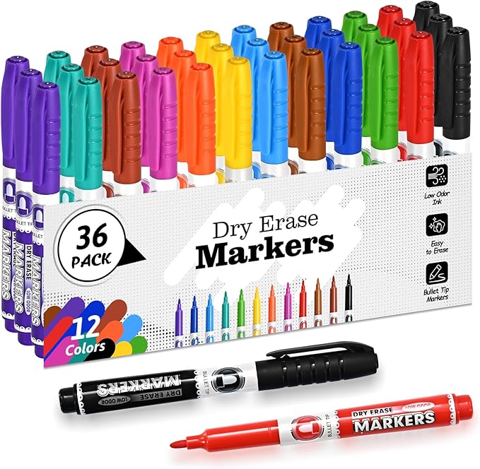 Dry Erase Markers, Fine Tip Whiteboard Marker, Low Odor Dry Markers with Pen Clip, Fine Point Maker, 36 pack 12 Assorted Colors Markers for Students/Teachers