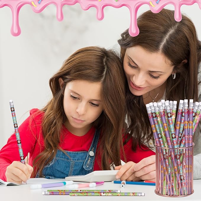Donut Themed Pencils Valentines Days Pencils Wood Pencils with Various Donut Element Birthday Pencils Fun Assorted Colorful Pencils Fun School Pencils for Teacher Classroom (24)