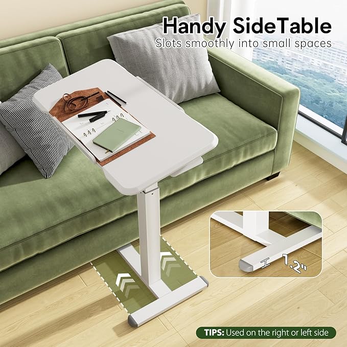 Rolling Laptop Desk, 180° Tiltable Mobile Standing Desk Height Adjustable, Overbed Bedside Table, Portable Computer Desk with Wheels, Foldable Laptop Cart for Home Office, White