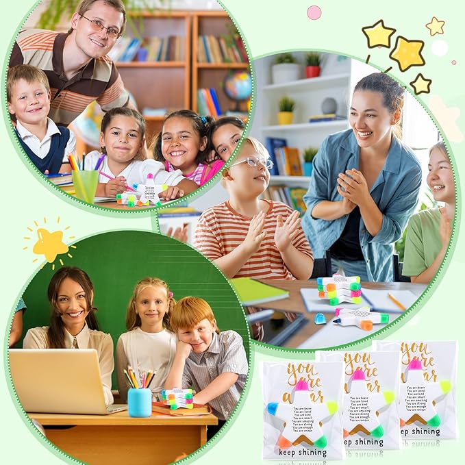 12 Sets Back to School Gifts for Students Star Highlighters with You're a Star Cards Gift Bags 5 in 1 Fluorescent Pens Affirmation Gifts for First Day of School Party Favor (Brave)