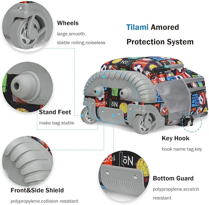 Tilami Rolling Backpack 19 inch with Lunch Bag Wheeled Laptop Backpack, Sport Balls
