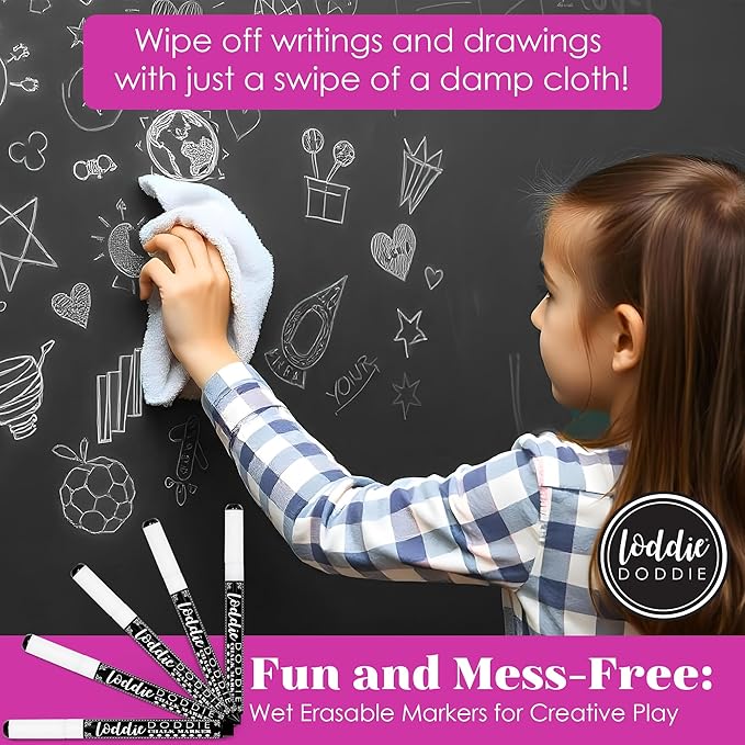 Loddie Doddie Liquid Chalk Markers for Chalkboard - 5 Pack, 1 mm Point, White - Erasable & Low-Odor Non-Toxic Ink - Chalk Pen & Window Markers for Glass
