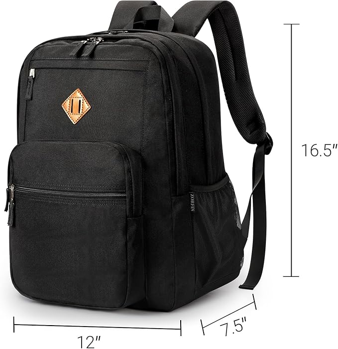 ZORFIN 26L Black Backpack for School, College, and Travel: Water Resistant Bookbag with 8 Compartments