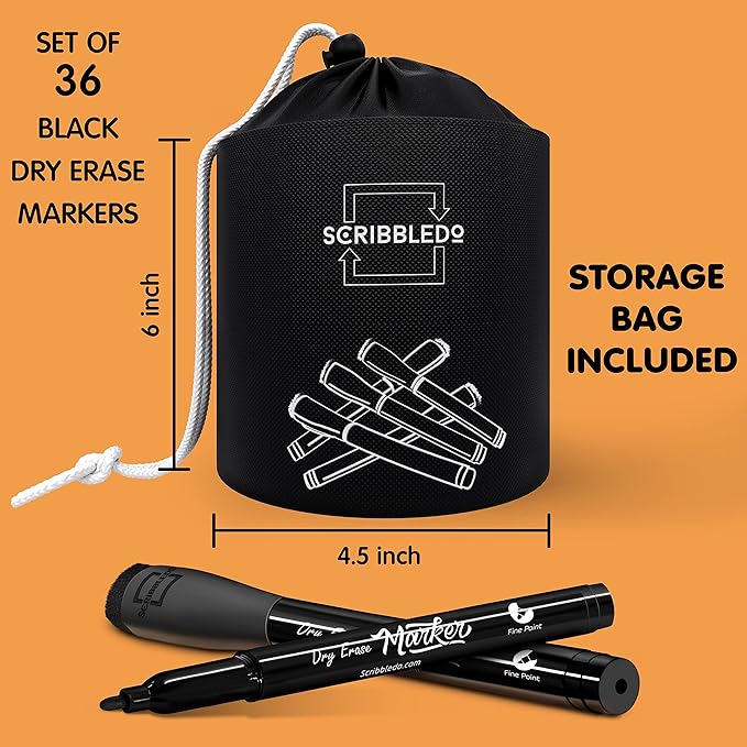 Scribbledo 36 Pack Dry Erase Markers Black Fine Tip Whiteboard Markers with Eraser Cap Thin Low Odor Skinny White Board Markers for Kids Adults Students Teachers Home School & Office