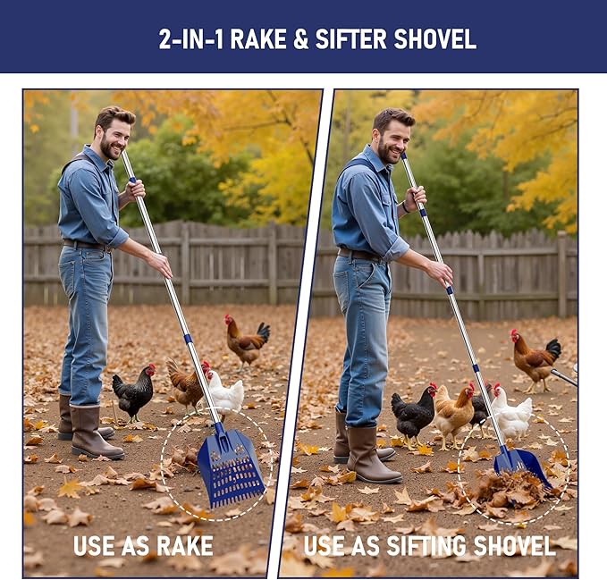 Chicken Poop Scooper & Rake 2-in-1 Chicken Coop Scoop 3-Shape Sifting Holes Chicken Coop Rake 39 to 68" Adjustable Stainless Steel Handle Litter Shovel for Chicken Coops & Small Farm Animals