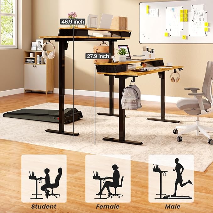 Standing Desk With Drawers and Brushless Motor,Electric Height Adjustable desk for Walking Pad,Ergonomic Stand Up Desk for Home Office & Gaming,3 Memory Height Preset & Hooks(48" x 24",Rustic Brown)