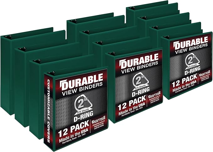 Samsill Durable 2 inch 3 Ring Binder, Made in USA, D Ring Binder, FSC 100% Recycled Chipboard, Green, 12 Pack