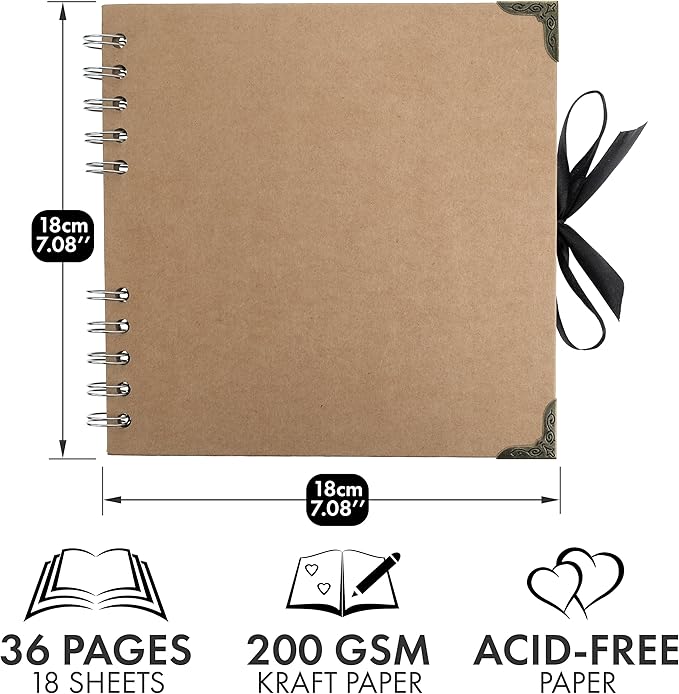 Bstorify Square Scrapbook Photo Albums 36 Pages (7 x 7 inch) Brown Thick 200gsm Kraft Paper Scrap Book, Ribbon Closure - Ideal for Your Scrapbooking Albums, Art & Craft Projects (7 x 7 Inch, Brown)
