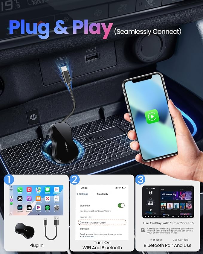 Wireless Carplay Adapter Plug & Play for Apple iPhone iOS 10+ & Cars from 2016+, Auto-Connect Stable Control & No Latency Mini Size with Extension Cable USB & USB-C/Type-C