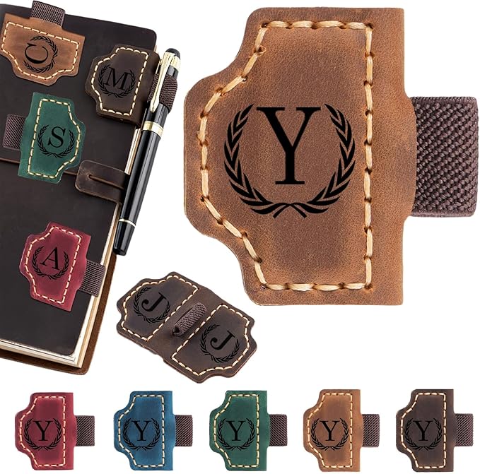 Personalized Magnetic Leather Bookmark with Pen Holder - 26 Letters Custom Book Mark with Name Initial Engraved Book Marker for Readers, Book Lovers, Travelers - Gift for Women & Men(Light Brown,Y