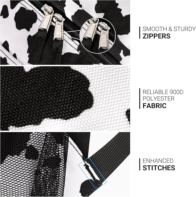 ZORFIN 26L Backpack for School, College, and Travel: Water Resistant Bookbag with 8 Compartments - Cow Print Black