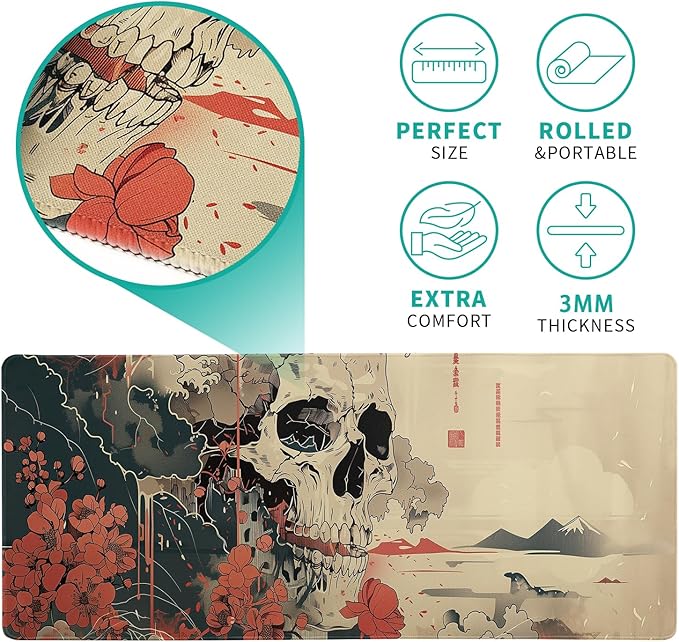 Japanese Ukiyo-e XL Anime Big Mouse Pads Large Skull Gaming Mouse Pad for Men Desk Pad with Stitched Edges Non-Slip Large Computer Mat, 31.5x11.8 in