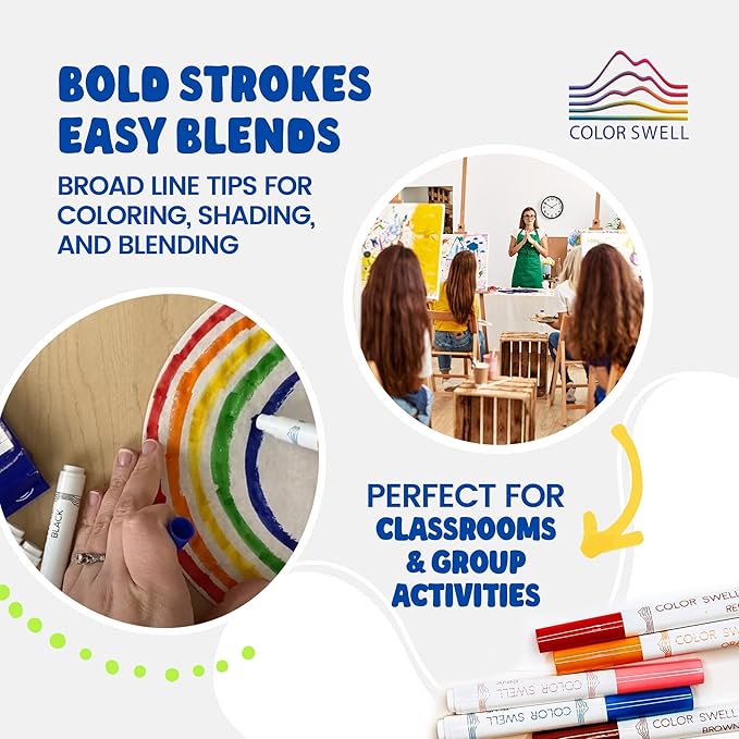 Color Swell Super Tip Markers 6 Boxes of 8 Washable Vibrant Colors (48 Total) Perfect Bulk Marker Pack for Kids, Parties, Classrooms