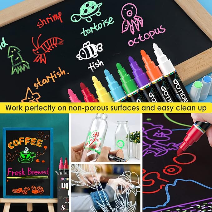 GOTIDEAL Chalk Markers, 8 Colors Liquid Chalk Markers for Blackboard Chalkboard Calendar Glass Neon Pens, Washable Window markers Paint and Drawing for Car, Auto, Bistro,Mirror Wet Erase Chisel Tip
