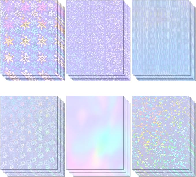 36 Sheets Holographic Sticker Paper, Clear Vinyl Laminate Film for Stickers Waterproof, Transparent Overlay Lamination Sticker Paper Self-Adhesive, 6 Patterns-8.5x11 Inch