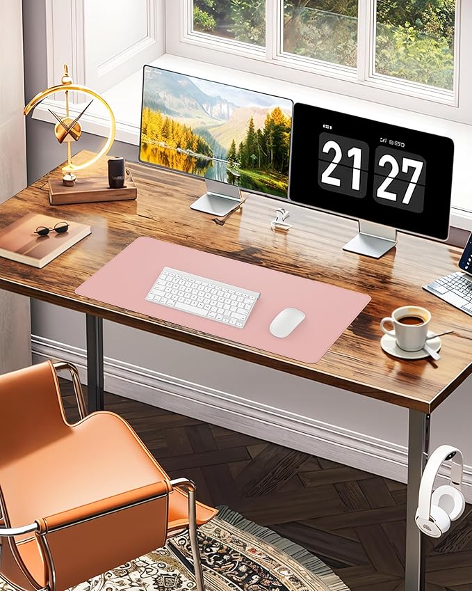 Desk Pad Mat 23.6"x13.7" - Waterproof Mouse Pad & Desk Protector, Non-Slip PU Leather for Gaming Keyboard/Mouse, Stitched Edge XL Office Desk Pad with Ergonomic Support(Pink)
