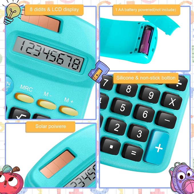 36 Packs Pocket Size Mini Calculator Basic Calculators for Handheld Angled Students 8 Digit Display Solar Battery Dual Power Small Calculator for Students Kids Home Office (6 Colors)