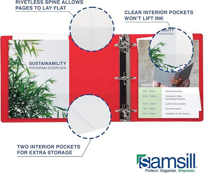 Samsill Durable 6 Inch Binder, Made in The USA, Locking D Ring Binder, Customizable Clear View Cover, Ruby Red, Holds 1225 Pages
