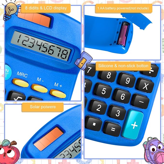 12 Packs Pocket Size Mini Blue Calculator Basic Calculators for Handheld Angled Students 8 Digit Display Solar Battery Dual Power Small Calculator for Students Kids Home Office