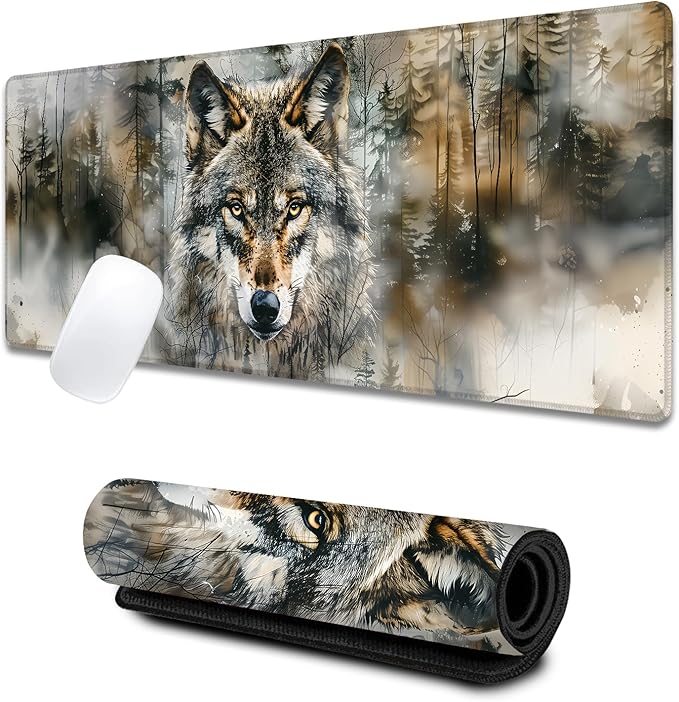 Cool Wolf Large Gaming Desk Mat,Rubber Non-Slip Majestic Forest Mouse Pad,31.5x11.8x0.12in Extended Wildlife Mousepad,Game Lover Mice Pads Gifts,Office Home Deskmat Decor