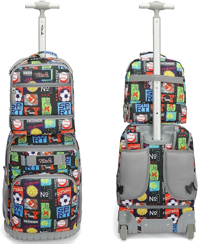 Tilami Rolling Backpack 19 inch with Lunch Bag Wheeled Laptop Backpack, Sport Balls