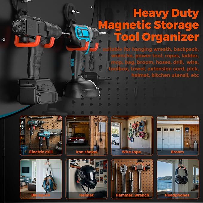 4 Pcs Large Strong Magnetic Hooks Heavy Duty Garage Big Magnet Hooks Extra Strength Magnetic Utility Storage Hook Hanger with Anti Slip Coating for Garden Indoor Outdoor Hanging Tools Orange
