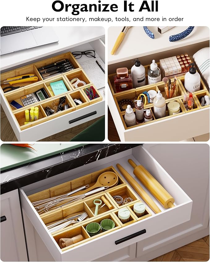 Desk Drawer Organizer Tray Set of 6 – Bamboo Office Storage Boxes with 12 Compartments for Office Supplies, Cosmetics, Jewelry and More