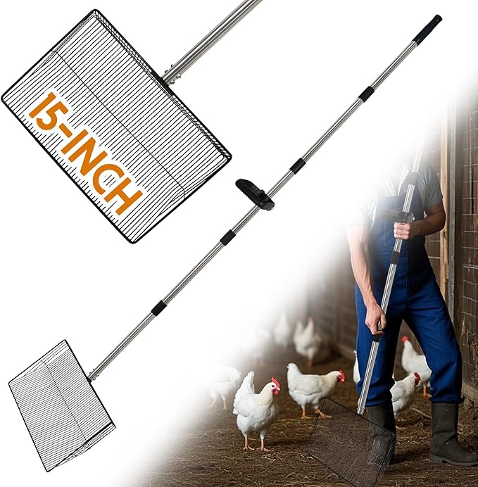 15" Extra Large Chicken Coop Scooper – Heavy Duty Stainless Steel Adjustable Handle (24"-76") Chicken Poop Rake, 5 in 1 Dual-Use Sifting Shovel for Chicken Poop & Litter Cleaning Tool