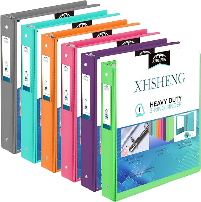 3 Ring Binders,1“ Slant D Ring Biner,One Touch Open D Ring,View Binders with Interior Pockets,Colorful,6 Pack