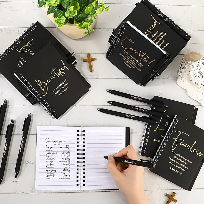 Kosiz 48 Sets Inspirational Christian Gifts Bulk Christian Notebooks Prayer Journals with Pens Spiral Bible Journals Religious Gifts for Church Grandparent Pastors Day Sunday School (Black)