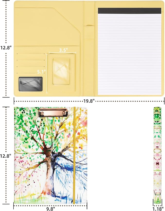 Padfolio with Clipboard 8.5x11" Business Portfolio for Women Personalized Leather Binder Portfolios,Four Seasons Tree